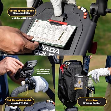 OMADA GOLF T2Lite Golf Push Cart | Lightweight, Ultra-Compact Folding Golf Cart | Large All Terrain Wheels | Umbrella Holder Included | Deep Storage Console | Adjustable Handle, Handbrake + Cup Holder