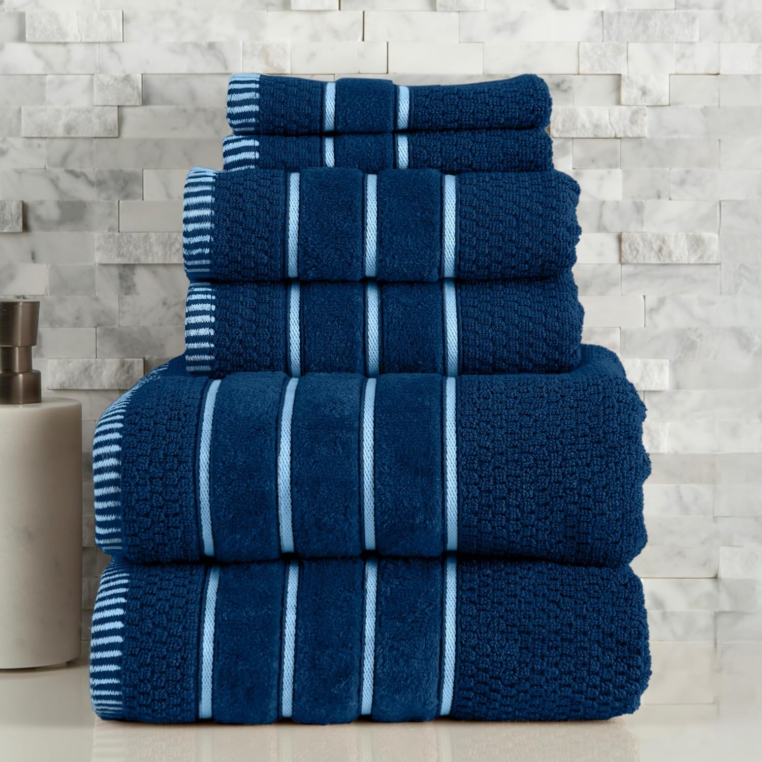 Combed Cotton Towel Set- Rice Weave 100% Combed Cotton 6 Piece Set With 2 Bath Towels, 2 Hand Towels and 2 Washcloths by Lavish Home- Navy