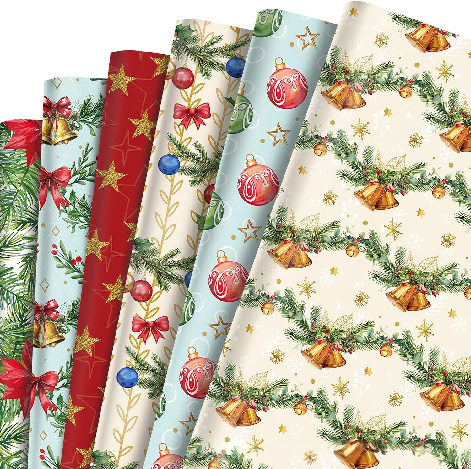 Christmas Wrapping Paper, Wrapping Paper, Pack of 12, Assorted Colors, 27.2 x 20.1 inches 69 x 51 cm, Flowers, Bells, Ribbons, Stars, Pine Branches Multicolor