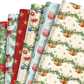 Christmas Wrapping Paper, Wrapping Paper, Pack of 12, Assorted Colors, 27.2 x 20.1 inches 69 x 51 cm, Flowers, Bells, Ribbons, Stars, Pine Branches Multicolor