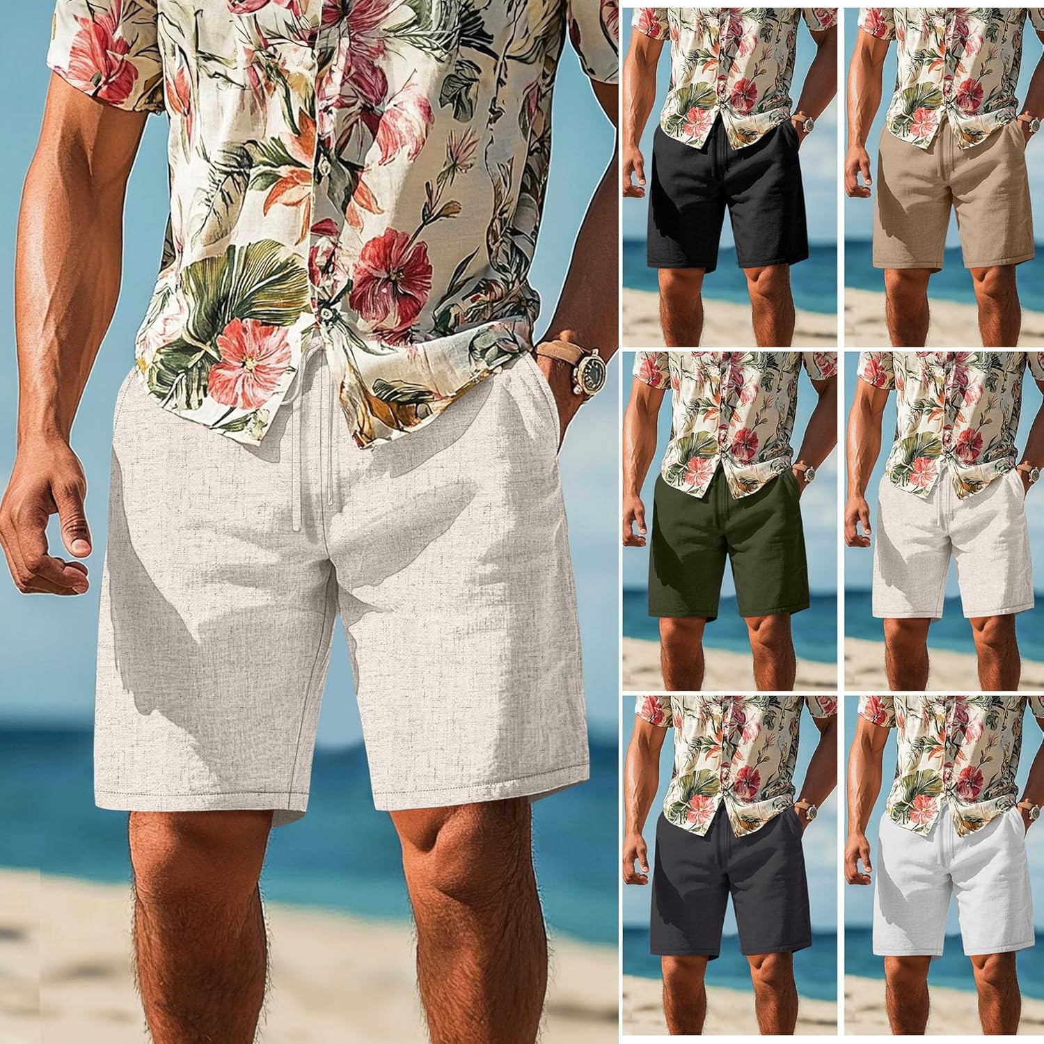 Neer 2 Pack Men's Big and Tall Linen Shorts, Casual Elastic Waist Beach Shorts Summer Drawstring Wears with Pockets - Image 6