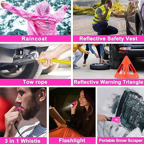 Miniatura 7 de Kit de emergencia rosa para automóvil, kit de accesorios de emergencia para automóvil de alta calidad con cables de puente, linterna, pala, juego de