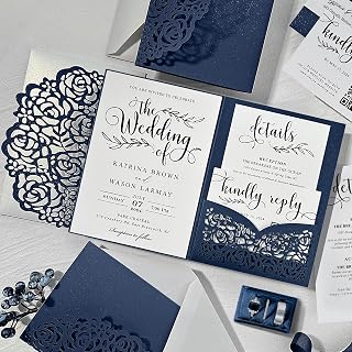 Navy Rose Pocket Laser Cut Wedding Invitation Set, Navy Blue Wedding Invitations with QR Code RSVP, Detail Cards (1 Set Sample)