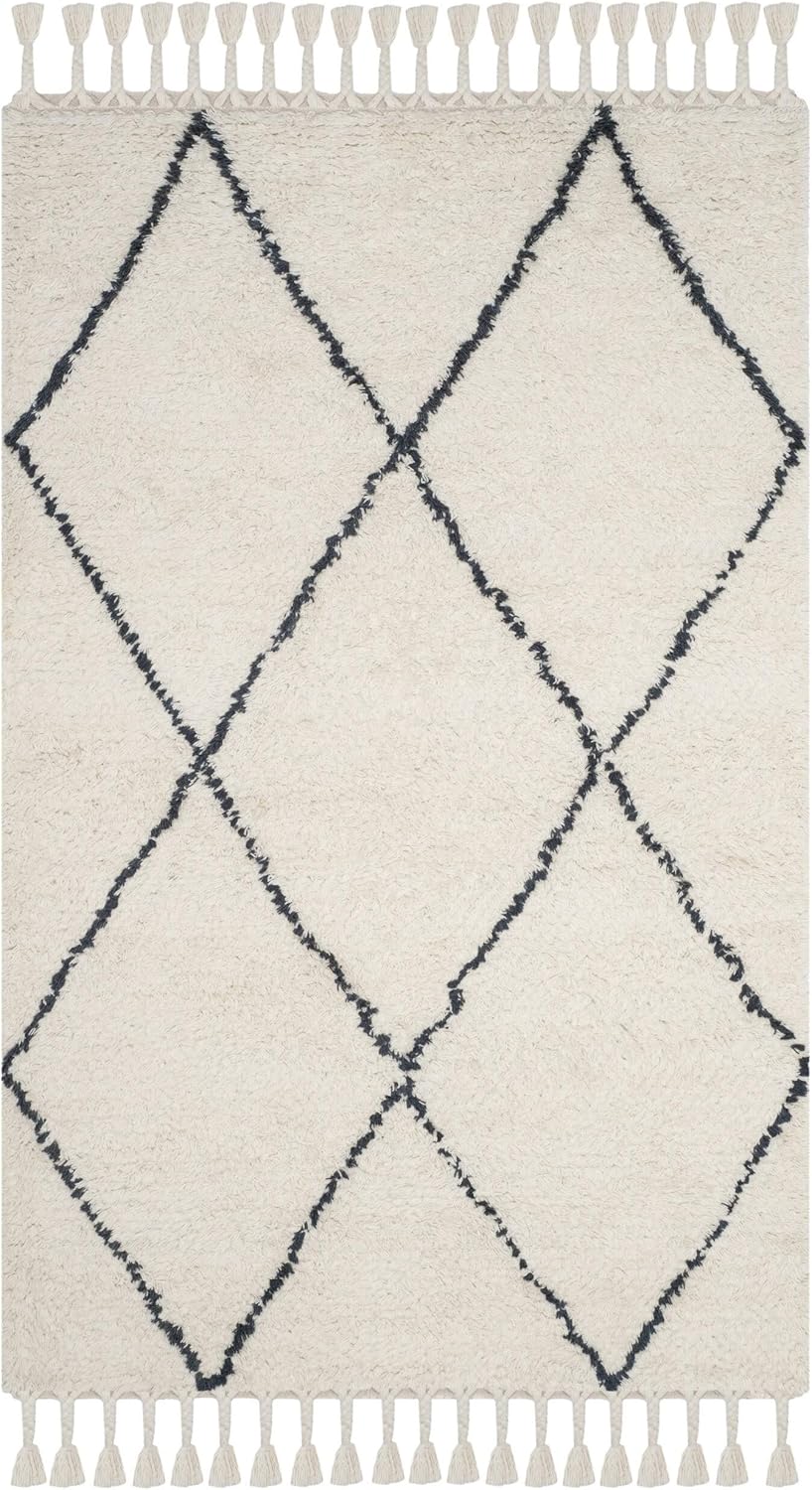 SAFAVIEH Casablanca Shag Collection 4' x 6' Ivory/Grey CSB726A Handmade Moroccan Trellis Tassel Premium New Zealand Wool 1-inch Thick Area Rug