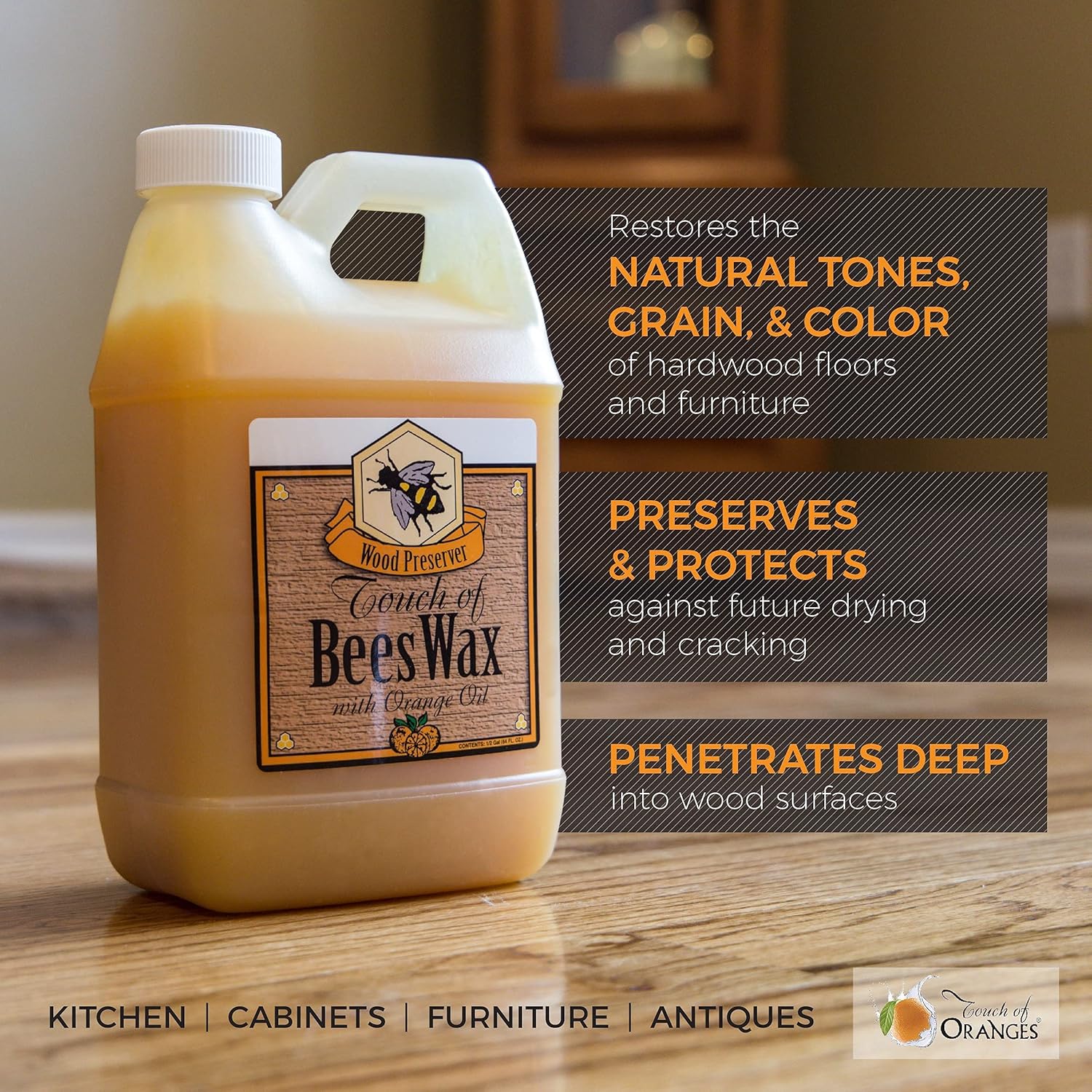 Touch of Beeswax Wood Furniture Polish and Conditioner with Orange Oil + Wood Cleaner and Restorer for Hardwood Floor : Health & Household