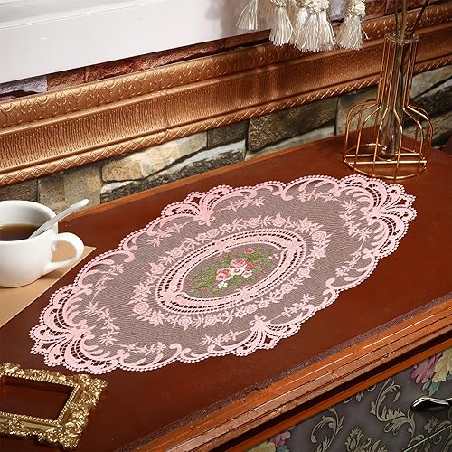Miniatura 5 de Mixweer 10 manteles individuales de encaje retro rosa ovalados bordados para mesa, manteles individuales de ganchillo francés, posavasos vintage, 12