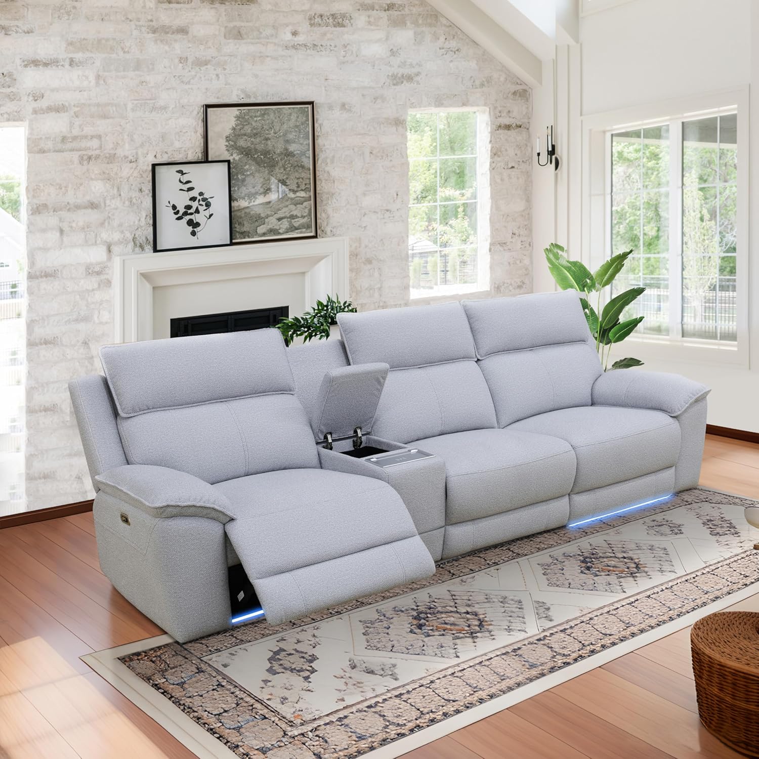 Power Recliner Sofa with LED&USB Port, 122" Reclining Sofa for Living Room, 3-Seat Recliner Sofa with Storage Console, Grey White Lambswool Fabric Living Room Furniture