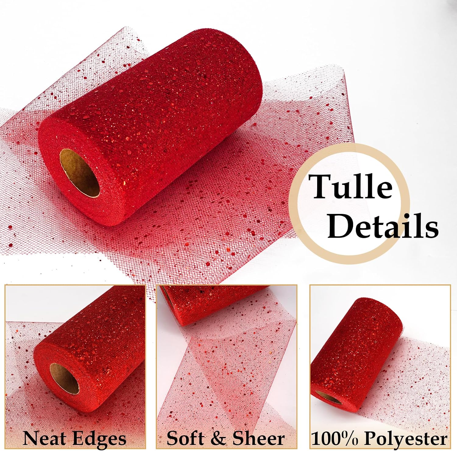 2PCS 6" x 50 Yards Glitter Tulle Fabric Roll Bundle (Gold & Red) image 5