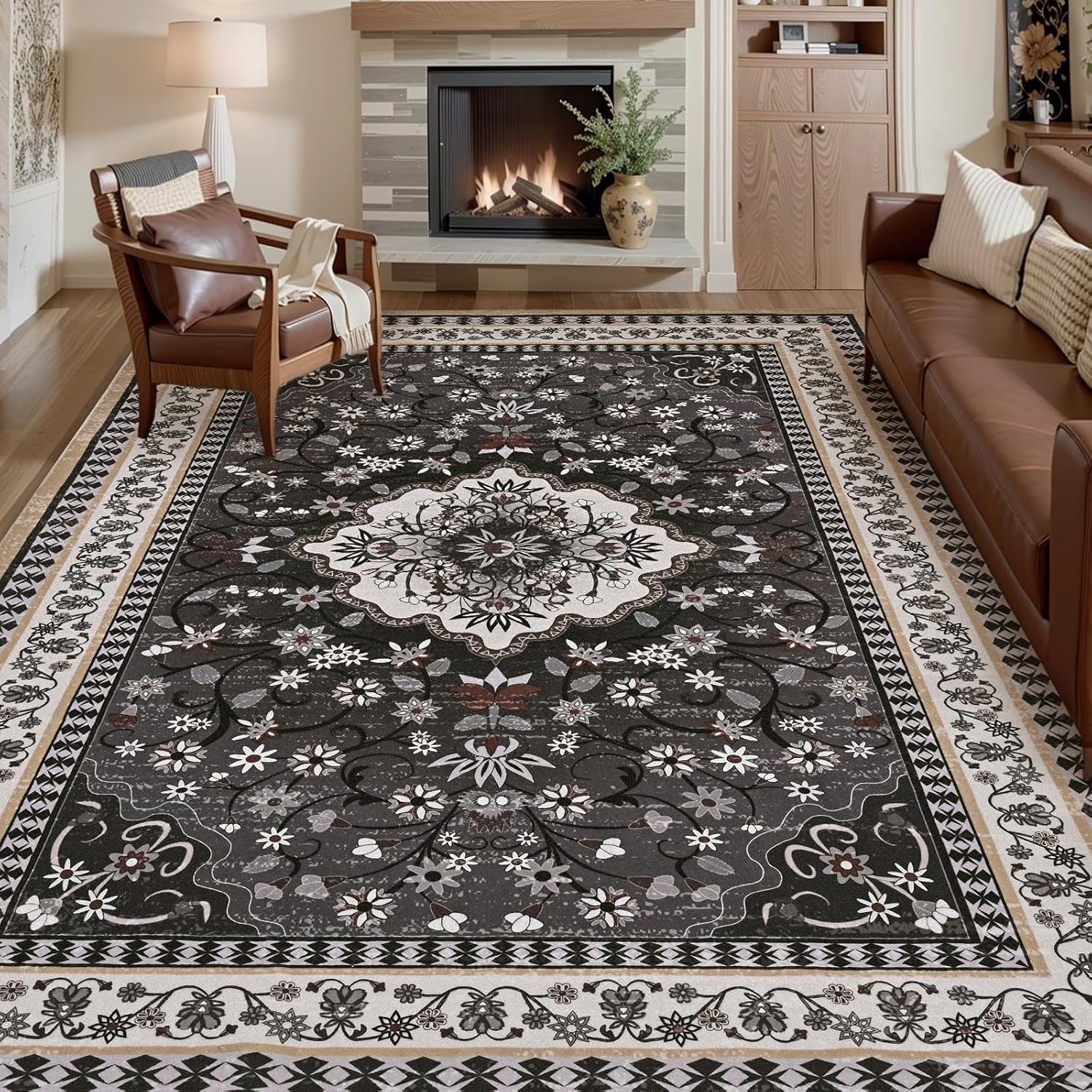 Luxury 8' x 10' Black Washable Area Rugs, Boho Low Pile Easy Clean Non-Slip Rug, Floral Medallion Pattern Vintage Rugs for Living Room, Dinning Room, Office, Bedroom, Bathroom, Laundry Room, Farmhouse