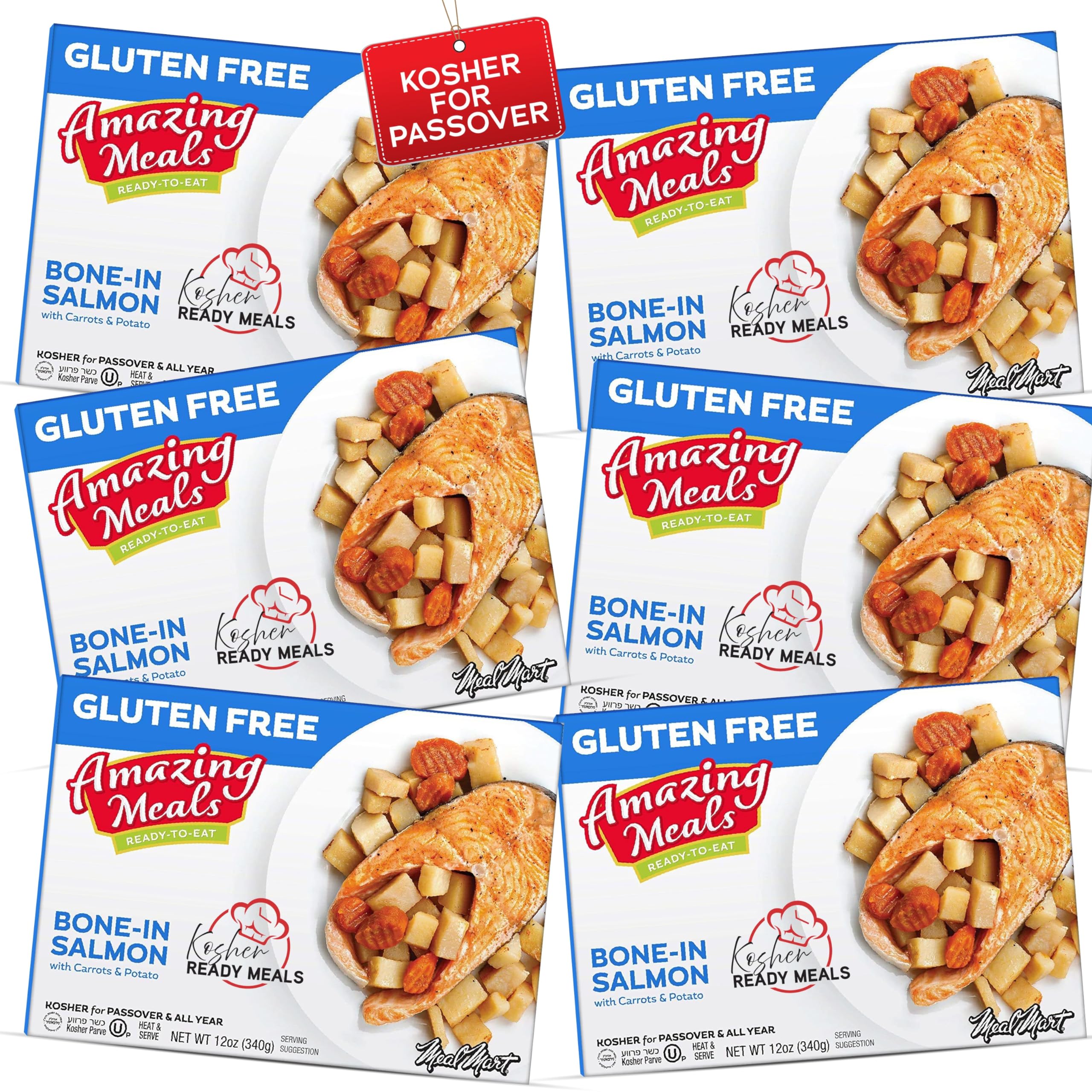Kosher for Passover Ready Meals - Bone-In Salmon With Carrots & Potato MRE Meat Meals Ready to Eat, Gluten Free Food (6 Pack) Prepared Entree Fully Cooked, Shelf Stable Microwave Dinner