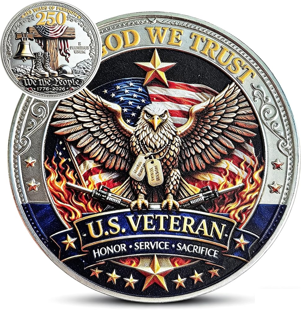 US Veteran Challenge Coin – Honor, Service, Sacrifice Design with Freedom Bell & Boots, 250 Years of Freedom Metal Token