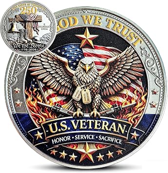 US Veteran Challenge Coin Honor, Service, Sacrifice Design with Freedom Bell & Boots, 250 Years of Freedom Metal Token