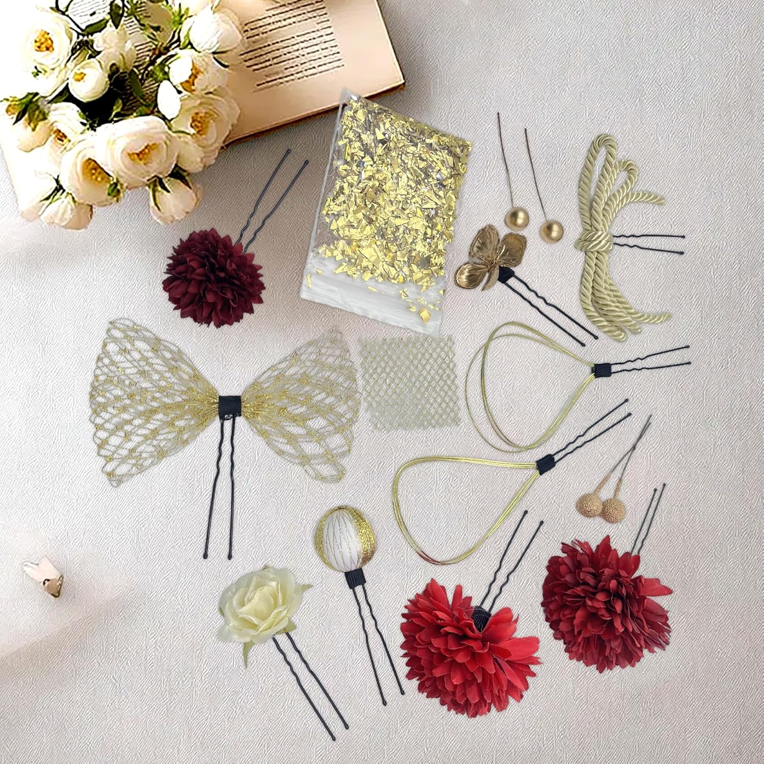 バドフラワー 髪飾り かすみ草 金箔アクセント 成人式 振袖 袴 ヘアアクセサリー 卒業式 結婚式 和装 ドレス 手作り風 (赤)