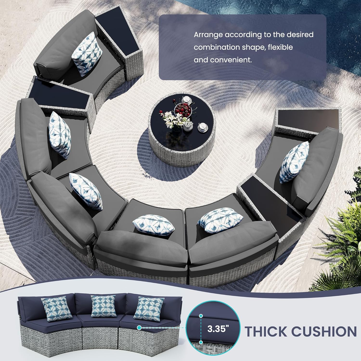 UDPATIO Patio Furniture Set,Fully Assembled Outdoor Sectional Sofa，Half-Moon Curved Modular 7 Pieces Heavy Duty Wicker Furniture Set with Round Coffee Table, for Porch,Backyard,Grey