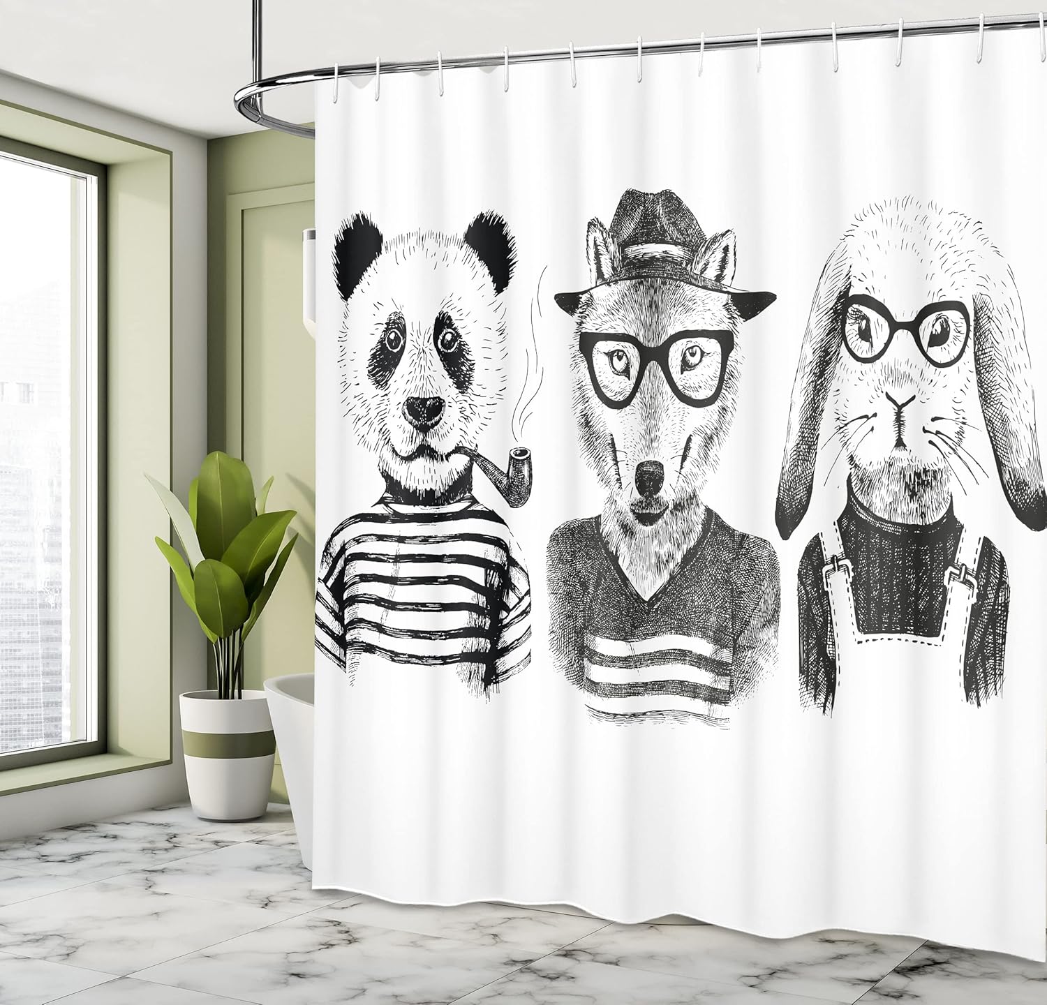 Ambesonne Animal Shower Curtain, Hipster Panda Bear Cigar Fox and Rabbit Glasses in Human Clothes Illustration, Cloth Fabric Bathroom Decor Set with Hooks, 69" W x 70" L, Black Grey White