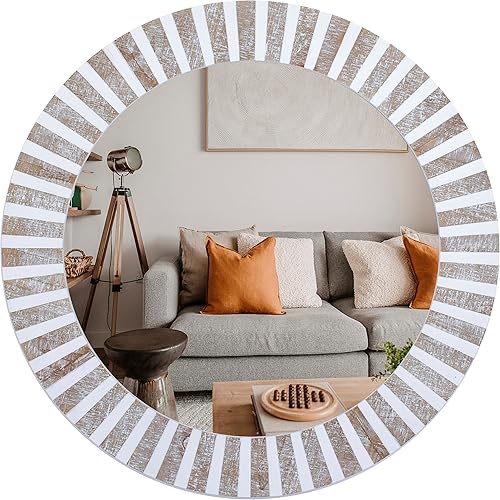 Opnons Espejo de pared redondo de madera de 30 pulgadas, marco tallado de granja, espejo circular rústico para entrada, pasillo, sala de estar, baño