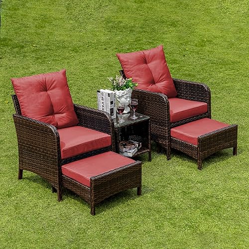 5 Pieces PE Wicker Patio Furniture Set Outdoor Patio Chairs with Ottomans, Conversation Furniture with Coffee Table for Poolside Garden Balcony Yard (Red)