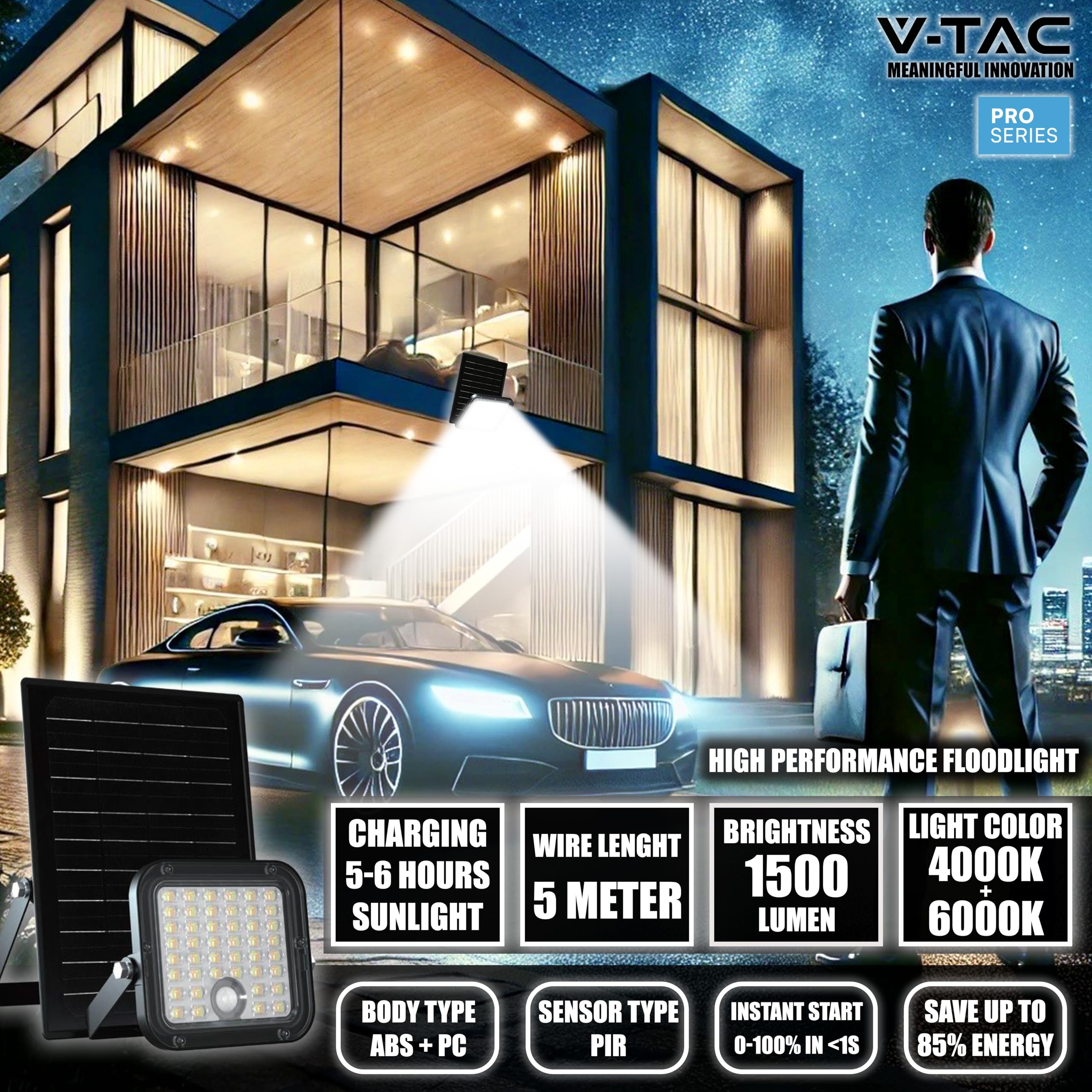 V-TAC Faretto LED da Esterno con Pannello Solare 4.5W - 1500 Lumen - Dotato di Sensore di Movimento e Telecomando - IP65 - Batteria 3600 mAh - Faro Piccolo per Casa, Giardino, Garage - 4000K + 6000K