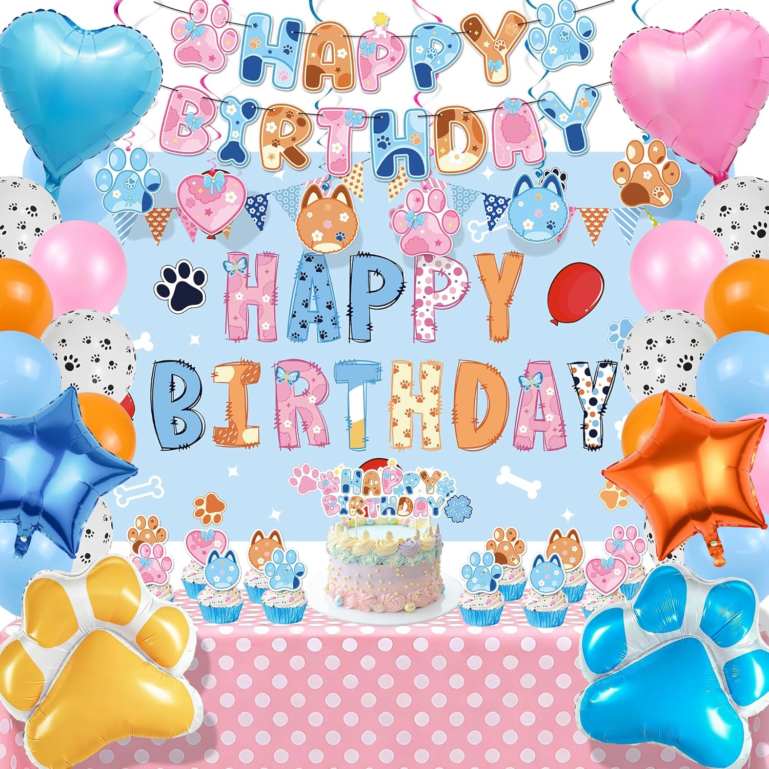 Blue Pink Birthday Decorations Party Supplies Including Banner Tablecloth Cake Toppers Balloons Hanging Swirls Birthday Party Decorations