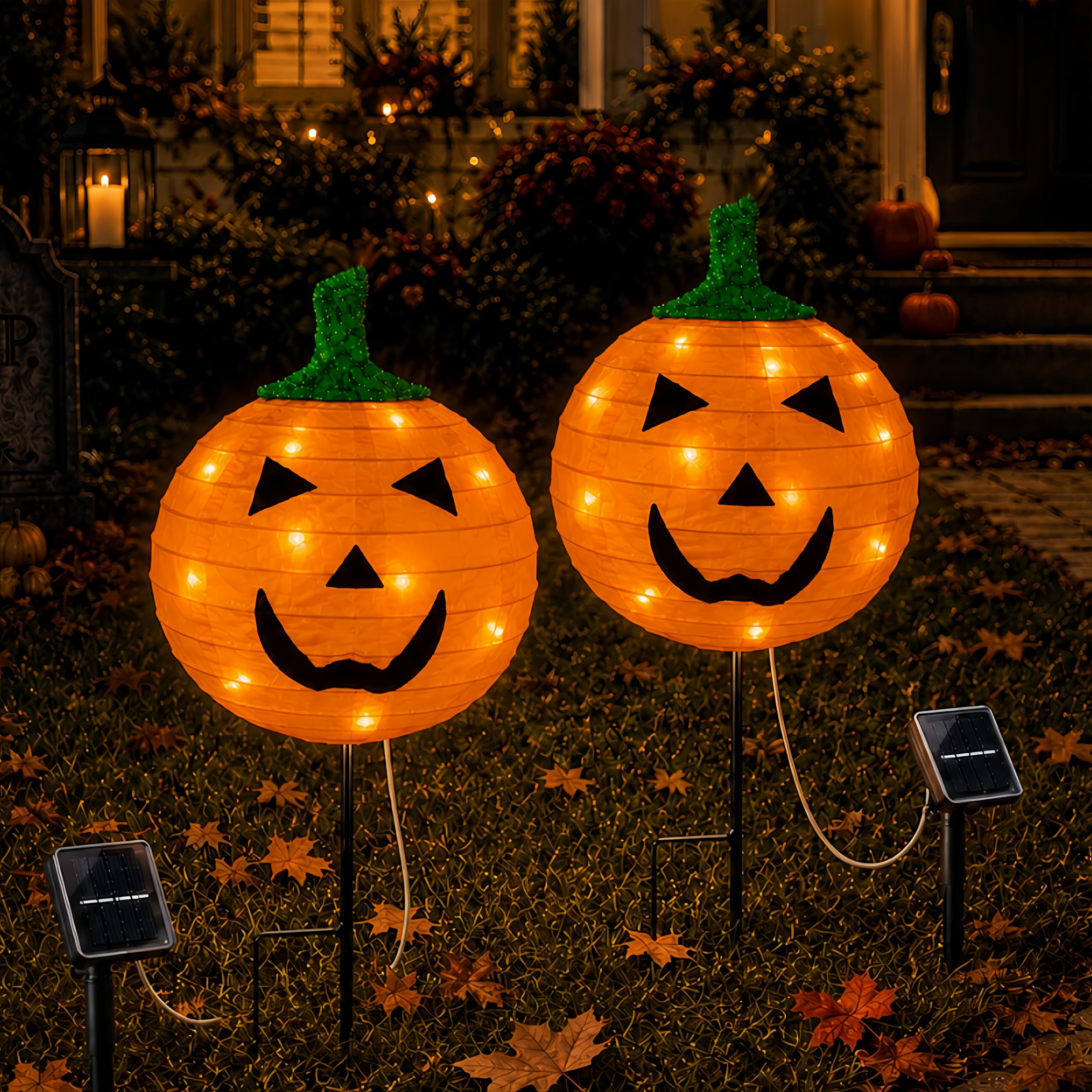 2Pack Solar Halloween Pumpkin Stake Light with 8 Lighting Modes, Fabric Lantern Yard Decor with Metal Stand, Foldable Pumpkin Garden Lights for Lawn, Patio, Pathway, and Halloween Party Decorations