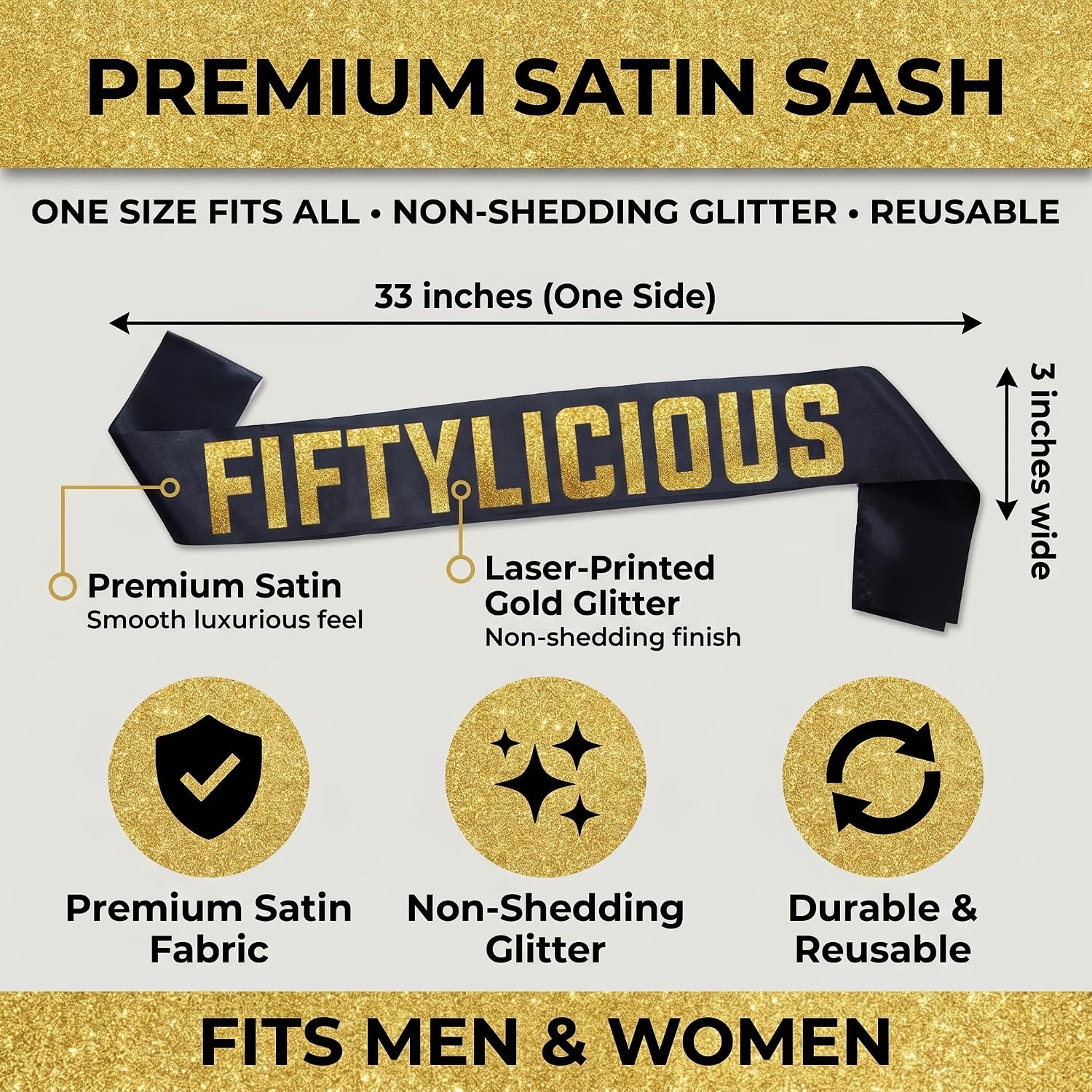 Fiftylicious Black and Gold Glitter Satin Sash - Funny 50th Birthday Sash for Him or Her - Party Decorations, Supplies and Gifts