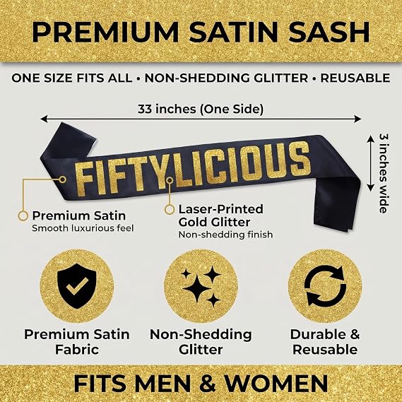 Fiftylicious Black and Gold Glitter Satin Sash - Funny 50th Birthday Sash for Him or Her - Party Decorations, Supplies and Gifts