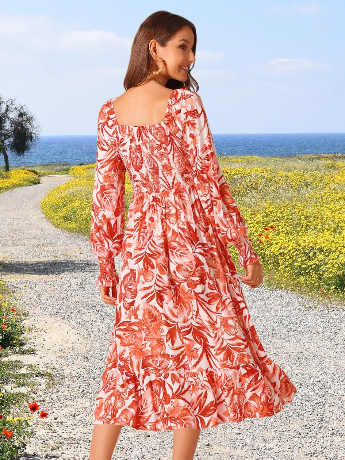 Seta T Women's Spring Floral Dresses Long Sleeve Square Neck Smocked Ruffle Hem Flowy Casual Midi Dress with Pockets - Image 6