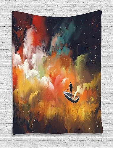 Ambesonne Tapiz de fantasía, hombre en un barco flotando dentro de una nube nebulosa en un fondo psicodélico colorido vívido, colgante de pared para