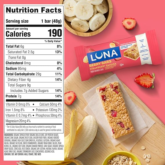 LUNA Berry Bars - Strawberry Banana Flavor - Fiber Granola Bars - Non-GMO - Gluten Free Protein Bars - Made with Organic Oats (6 Pack)