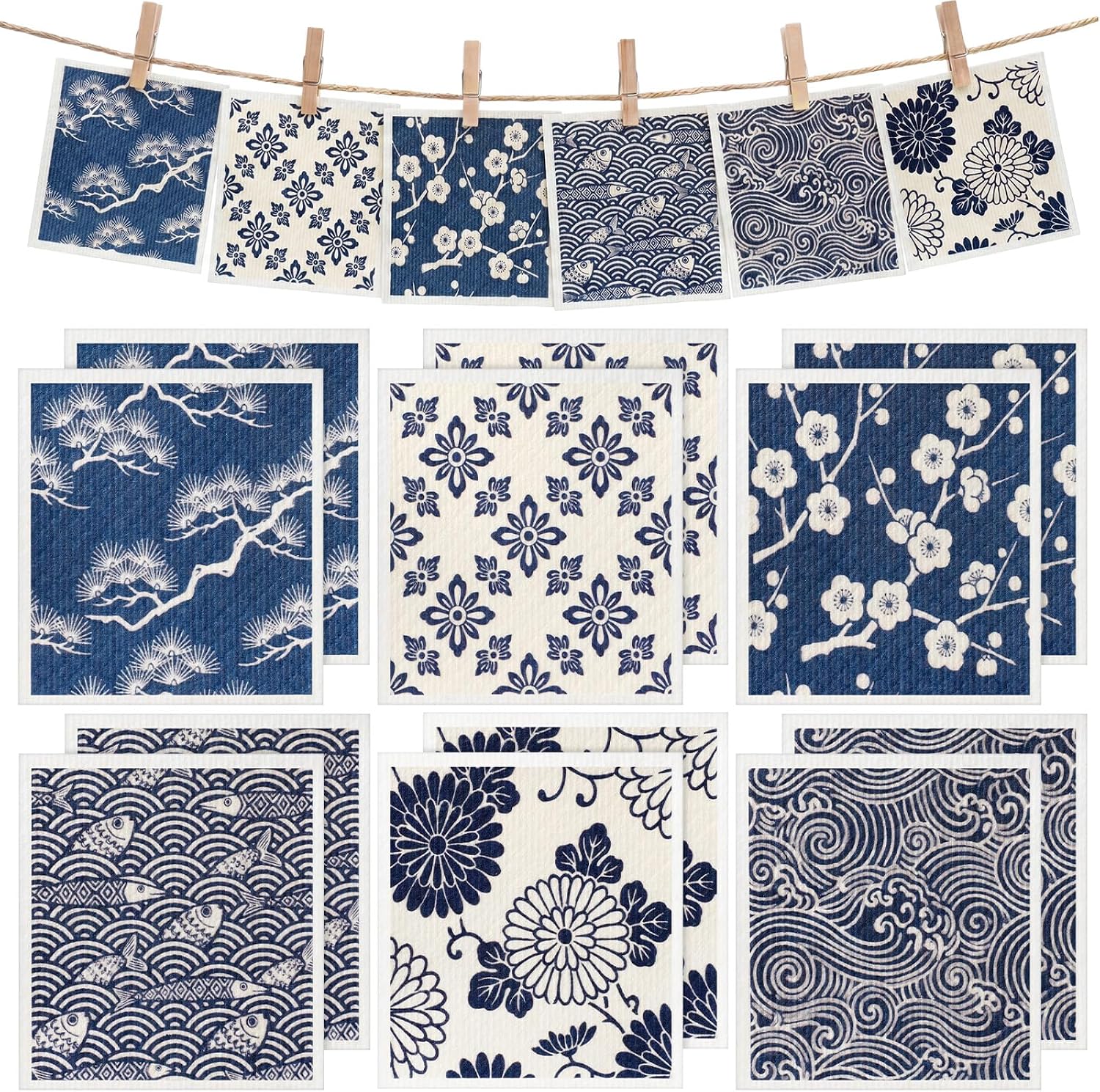 Tegeme 12 Pack Sweden Dishcloths for Kitchen 6 Patterns,Japanese Style