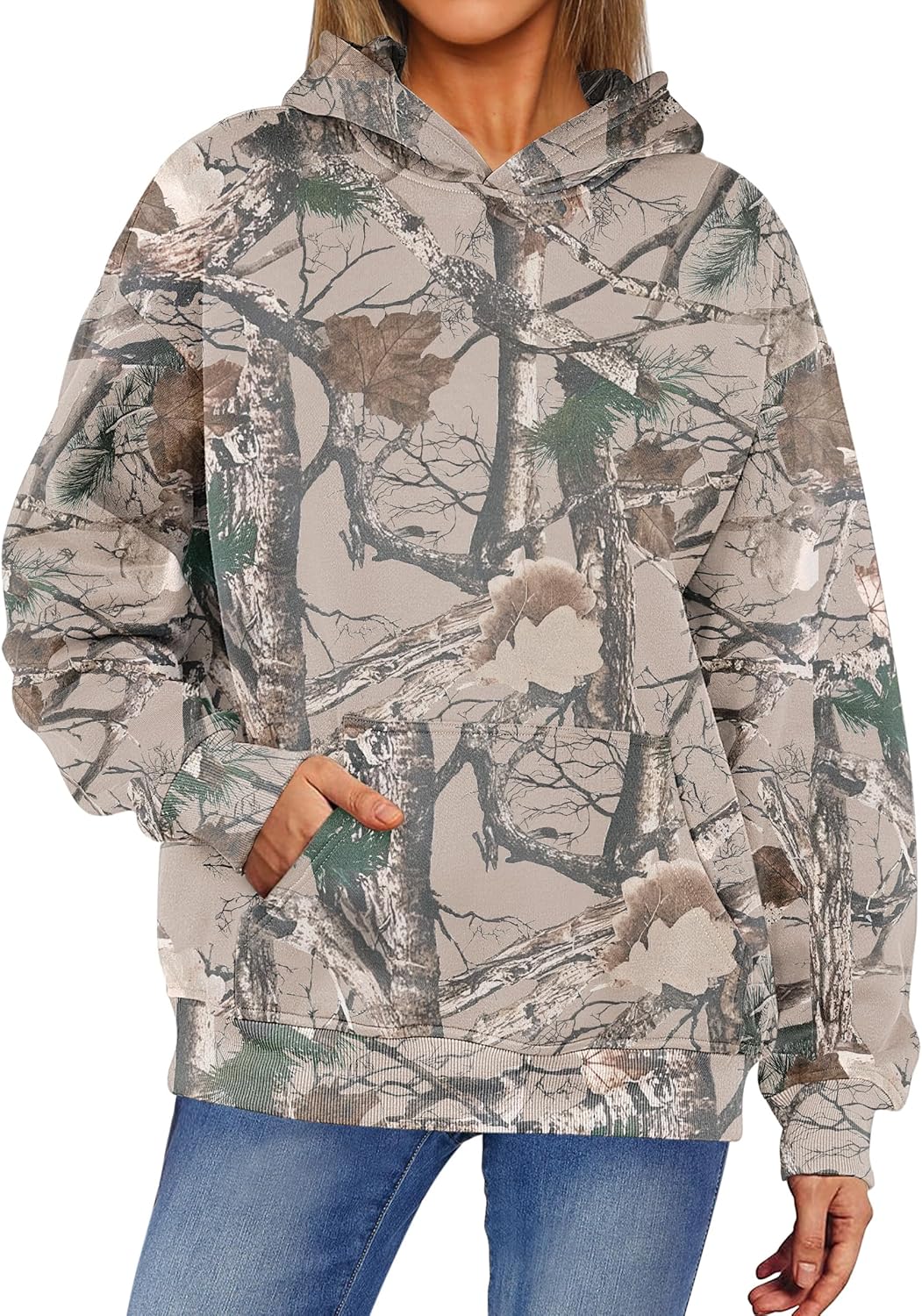 ANRABESS Women Camo Hoodies Long Sleeve Maple Leaf Print Fleece Oversized Casual Pullover Sweatshirt 2025 Fall Preppy Clothes