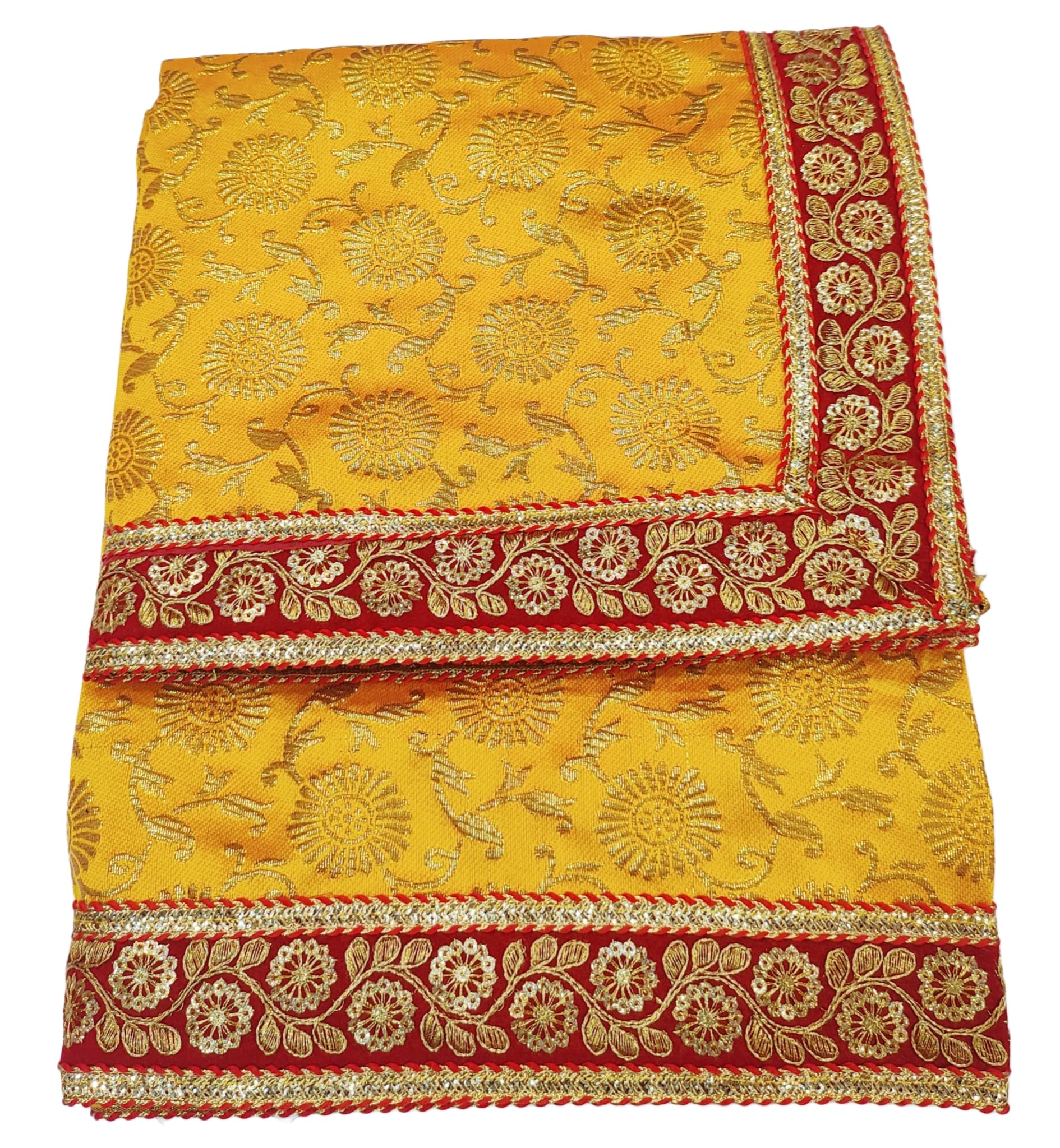 Brocade Puja aasan for God Mandir/Temple/Chowki Cover for Diwali, Navratri, karwa chauth and Various Puja Rituals with Embroidery Border (Pack of 1) 1.20 metre × 1.20 metre (Yellow)-image-46