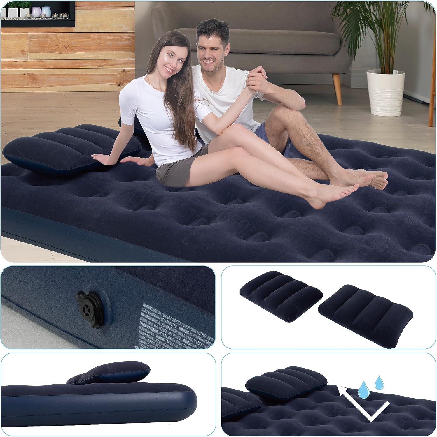 AVENLI Queen Air Mattress in use with two people, showing the inflation valve, included pillows, and waterproof feature.