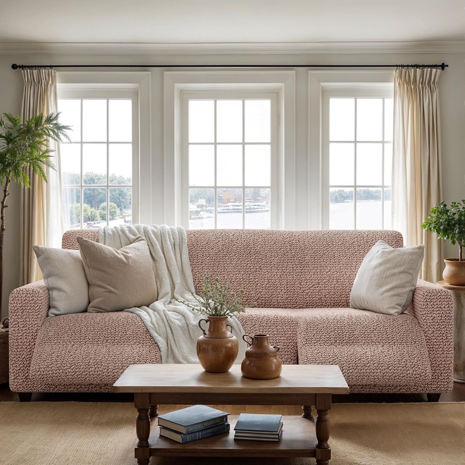 PAULATO BY GA.I.CO. Recliner Cover – Soft Form-Fit Slipcover – Stretch 1-Piece Reclining Furniture Protector – Machine Washable Hypoallergenic Fabric – Blush Taupe (Reclining Sofa 63"-91" Wide)