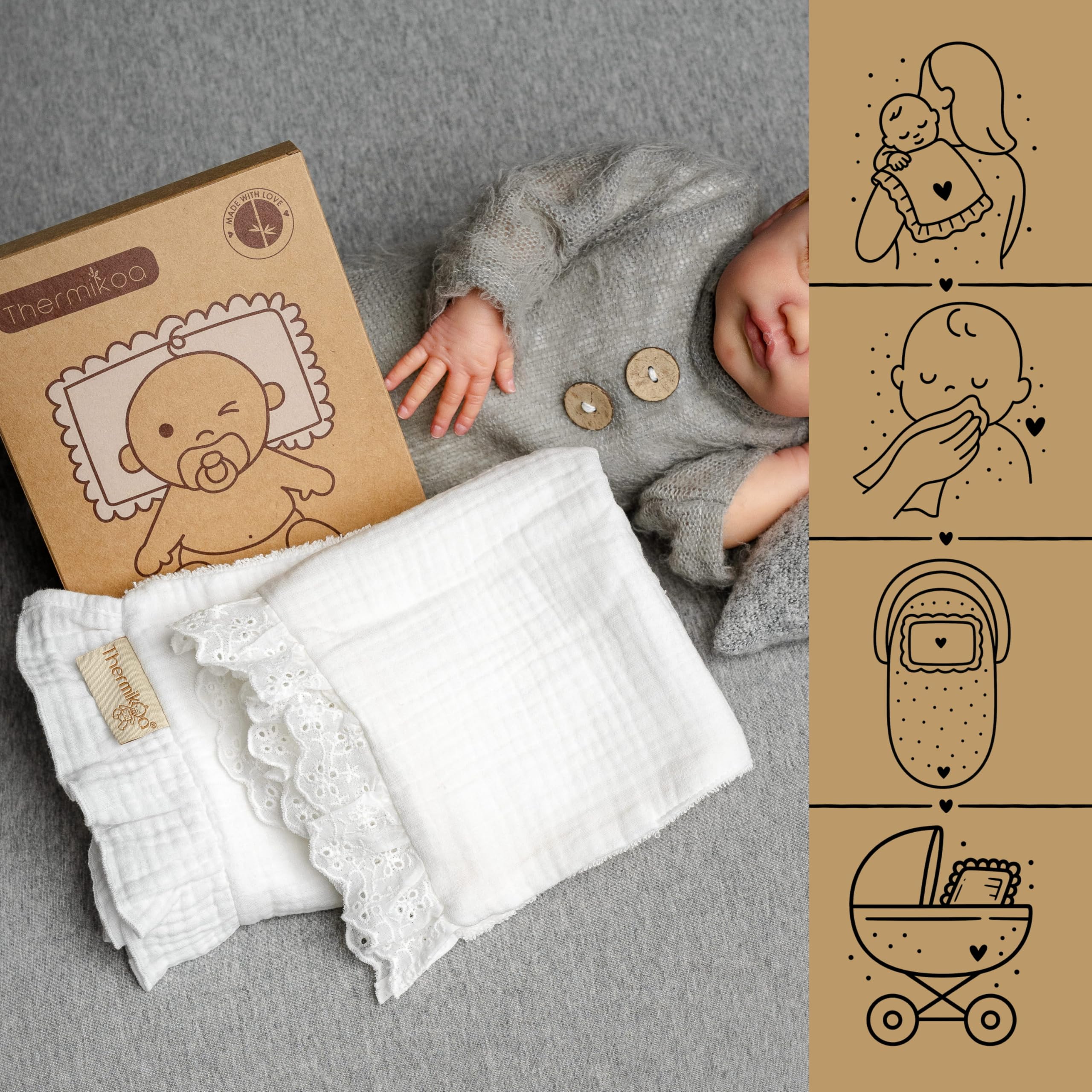 Thermikoa Mussole Neonato per Navicella e Passeggino – Pack 2 Panni 38x28 cm – Mussola Cotone Triplo Strato e Spugna Assorbente Panno Rigurgito da Spalla, Protezione Materassino Culla
