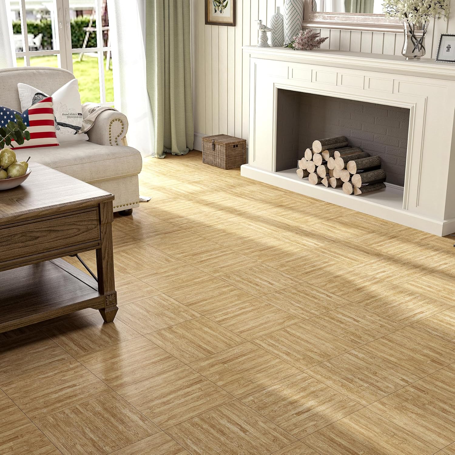 Stickyart Natural Bamboo Vinyl Flooring Peel and Stick Floor Tile 36"x6" 36-Pack 54 Sq.Ft Waterproof Bamboo Sticky Tiles for Floor Self Adhesive Vinyl Plank Flooring Stick on Tile Kitchen Living Room