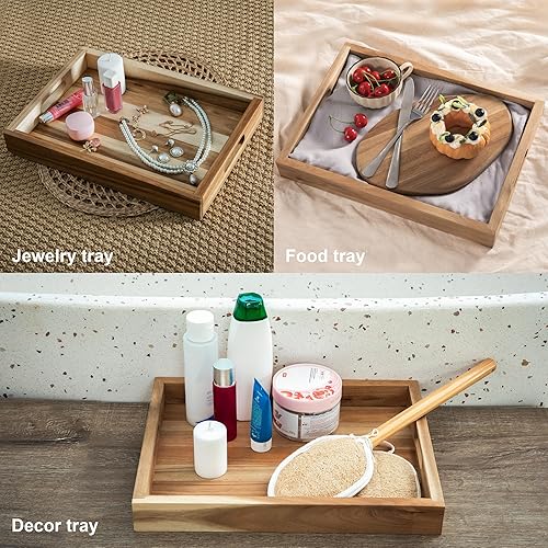 Miniatura 9 de Bandeja rectangular de madera de acacia natural con asas, juego de 2 (15 x 11 pulgadas y 13 x 10 pulgadas), bandeja grande para otomana, desayuno en