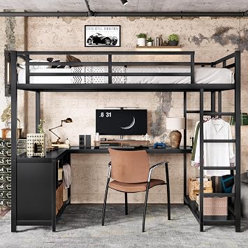 Bellemave Twin XL Size loft Bed with L Desk, Wardrobe, Metal Twin XL Loft Bed Frame for Adults, Kids, Teens, Black