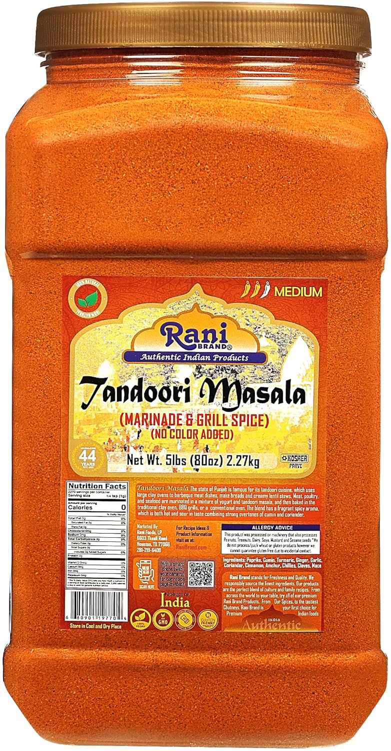 Rani Tandoori Masala (Natural, No Colors Added) Indian 11-Spice Blend 80oz (5lbs) 2.27kg Bulk PET Jar ~ Salt Free | Vegan | Gluten Friendly | NON-GMO | Kosher | Indian Origin