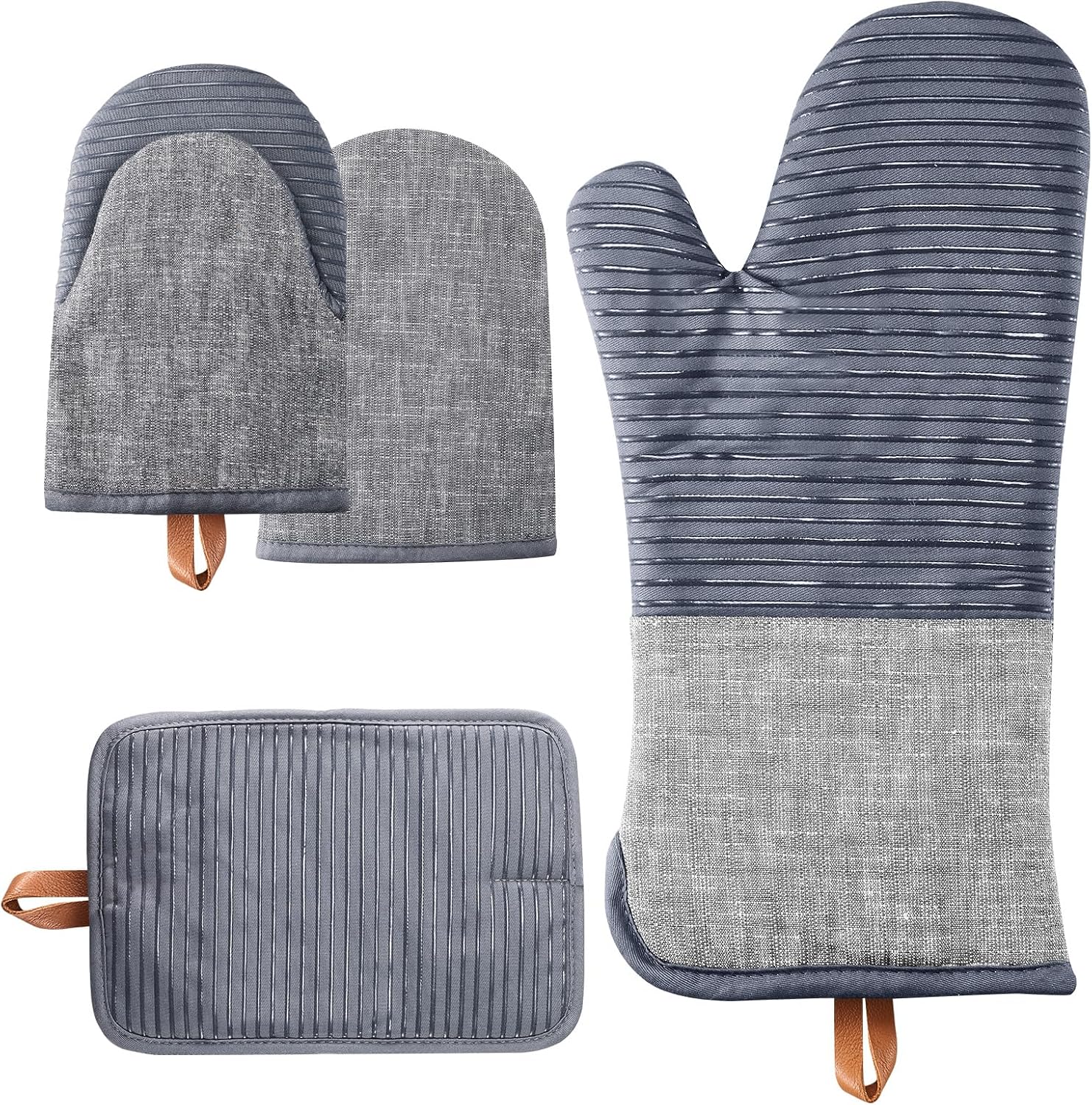 TIPTAP Kitchen Oven Mitts 4pcs Set- Non-Slip Cotton Oven Mitt & Pot Holders – Heat Resistant, Durable & Machine-Washable -One Long Mit, Two Mini Oven Mitts & One Pot Holder (Gray)
