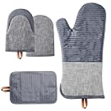 TIPTAP Kitchen Oven Mitts 4pcs Set- Non-Slip Cotton Oven Mitt & Pot Holders – Heat Resistant, Durable & Machine-Washable -One Long Mit, Two Mini Oven Mitts & One Pot Holder (Gray)