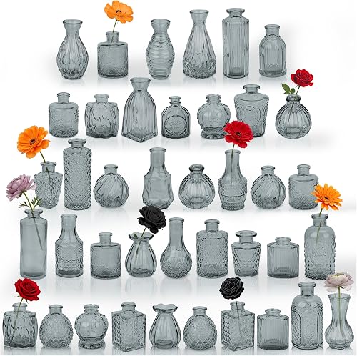 Glass Bud Vases in Bulk Small Mini Black Vase for Flowers 40pc | Vintage Vases for Centepiece,Wedding, Table Decor, Baby Shower, Christmas, Home and Events