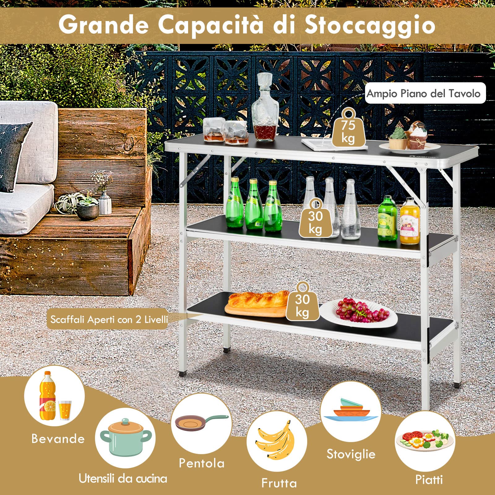 COSTWAY Cucina da Campeggio Pieghevole con Telaio in Alluminio 3 Ripiani Borsa Trasporto Nero