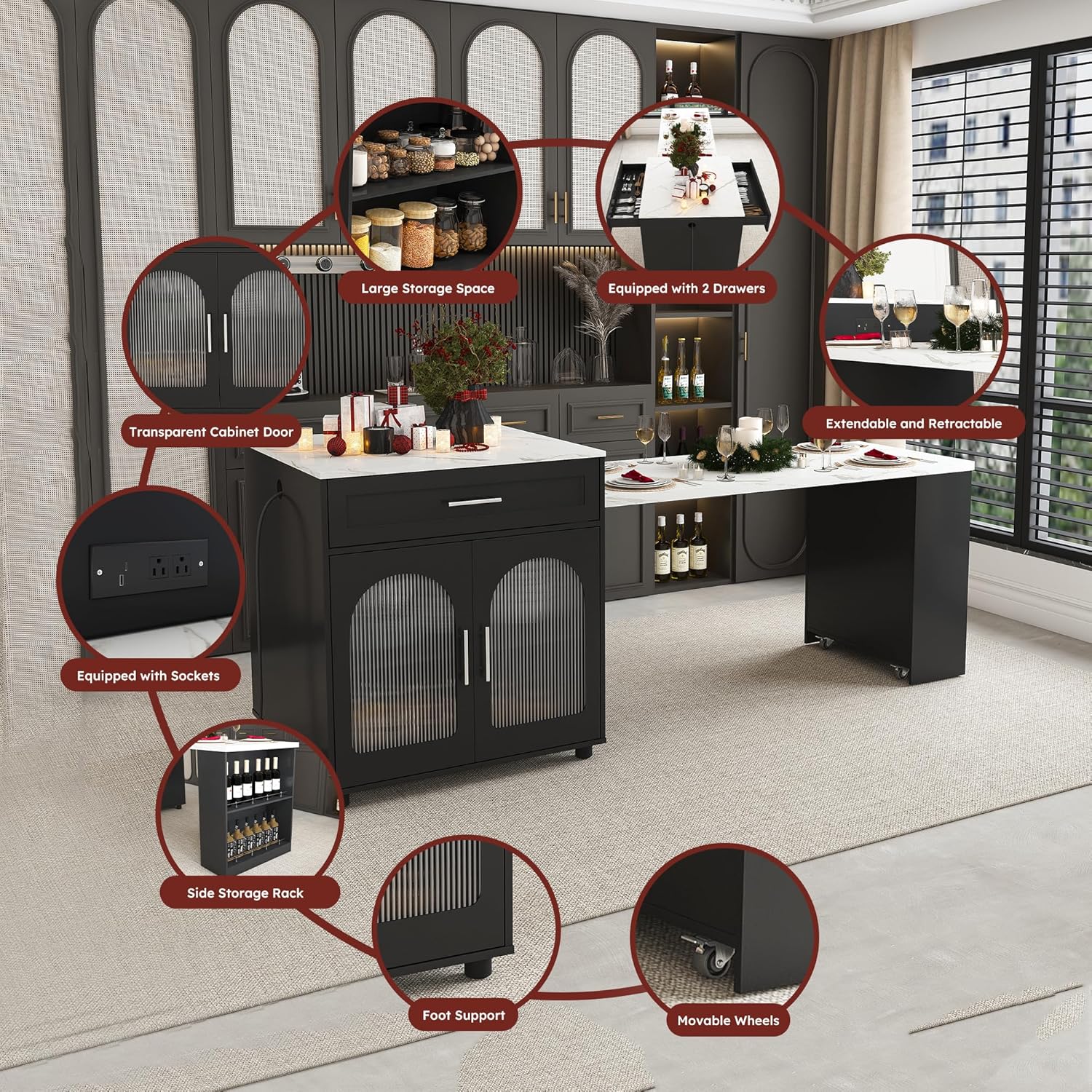 80" Kitchen Island with Extendable Dining Table, Marble-Grain Countertop with Power Outlet, Rolling Kitchen Cart with Storage Cabinet & 2 Drawers for Dining Room House Bar,Black