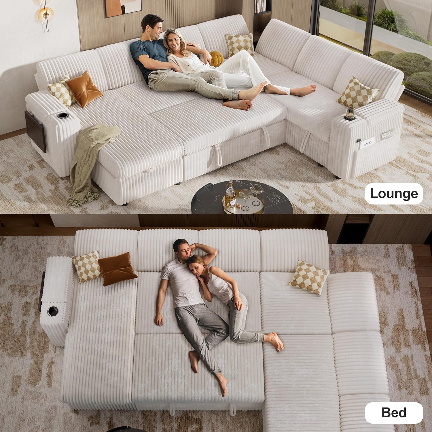 Vipbear 111" Modular Sleeper Sofa 7-Seat L-Shaped Chenille Couch with Reclining Backrest USB Ports Cup Holders Side Table Storage Chaise Tool-Free Assembly Beige