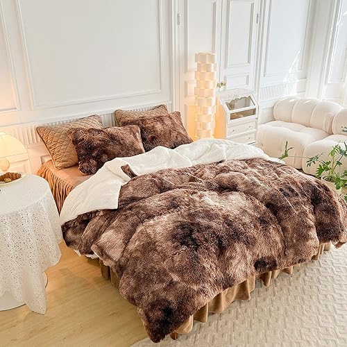Luxury Faux Fur Shaggy Comforter Set Full/Queen Size, Plush & Sherpa Reversible Comforter Tie Dye Coffee, 3 Pieces Fluffy Fuzzy Bedding Set Ultra Soft and Warm for Winter (1 Comforter + 2 Pillowcases)