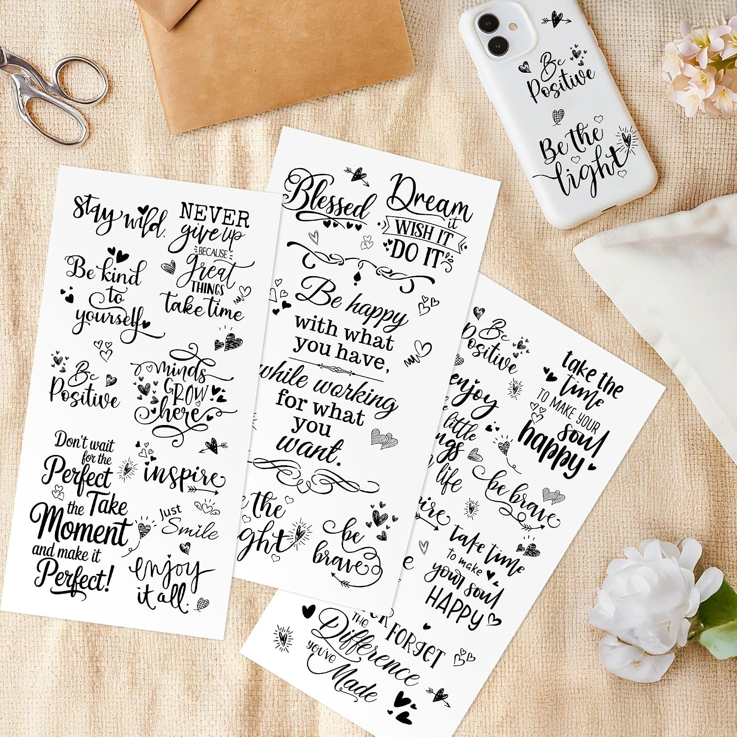 Joeyan 3 Sheets Rub On Transfers for Crafts and Furniture Inspirational Words Rub on Transfer Stickers Motivational Quote Decals for Wood Glass Metal Canvas Porcelain Plastic DIY Craft Home Decor
