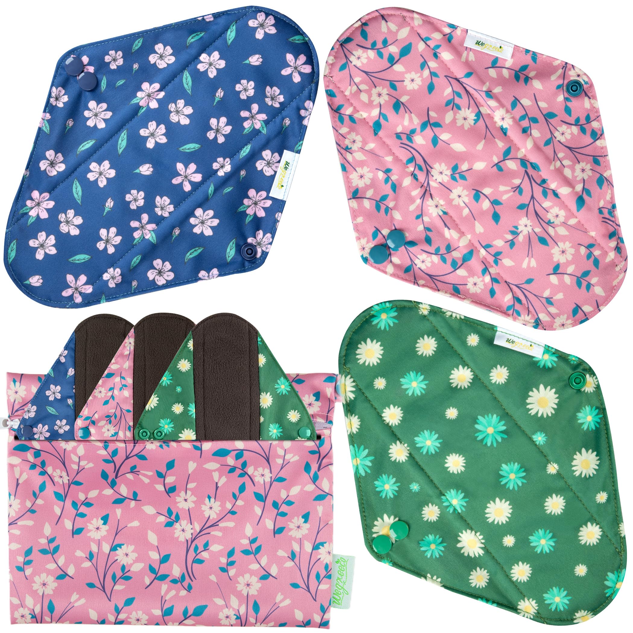 wegreeco Charcoal Reusable Menstrual Pads - Reusable Sanitary Pads | Reusable Panty Liners | Soft Cloth Menstrual - 6 Pack with 1 Cloth Mini Wet Bag (Small, Chrysanthemums)