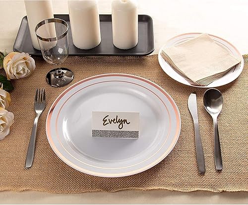 Miniatura 2 de Platos de plástico para boda vajilla desechable color blanco con borde de oro rosa