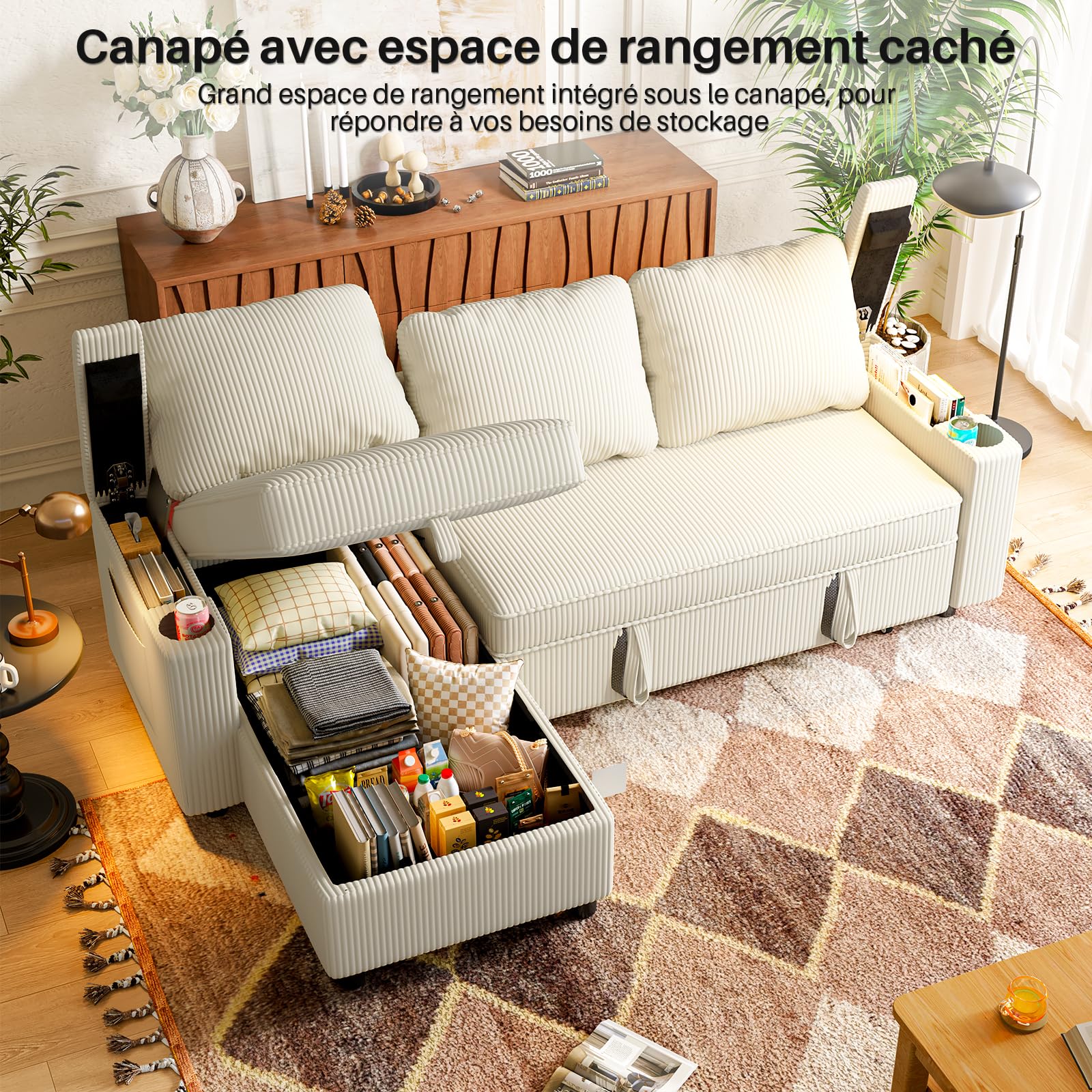 JUMMICO , canapé lit avec Rangement intégré et accoudoirs multifonctionnels, idéal pour Salon, Design Moderne et Pratique,Bureau et Petit Appartement, Beige